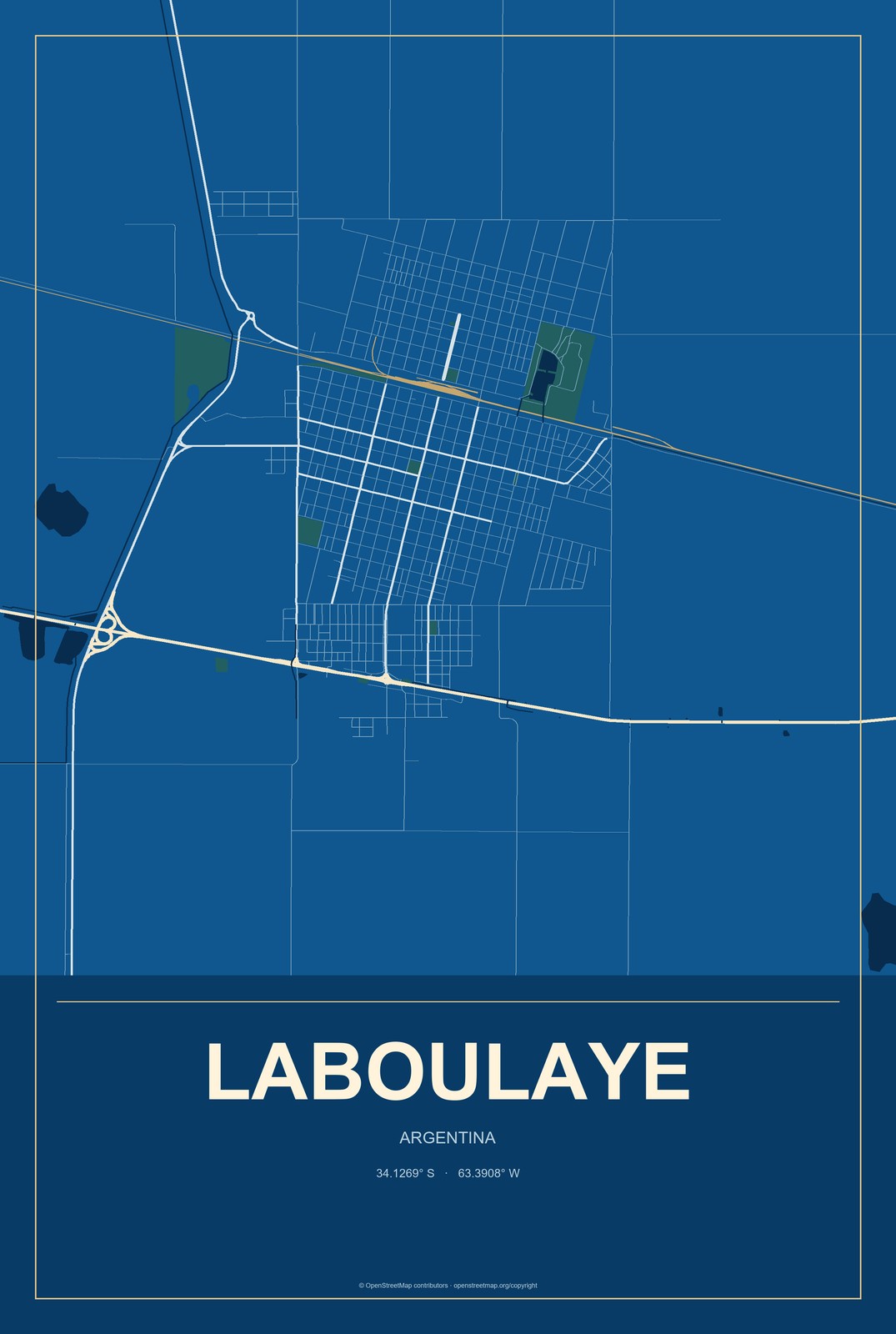 Laboulaye, Argentina City Map Aluminum Sign in Harbor Cobalt style
