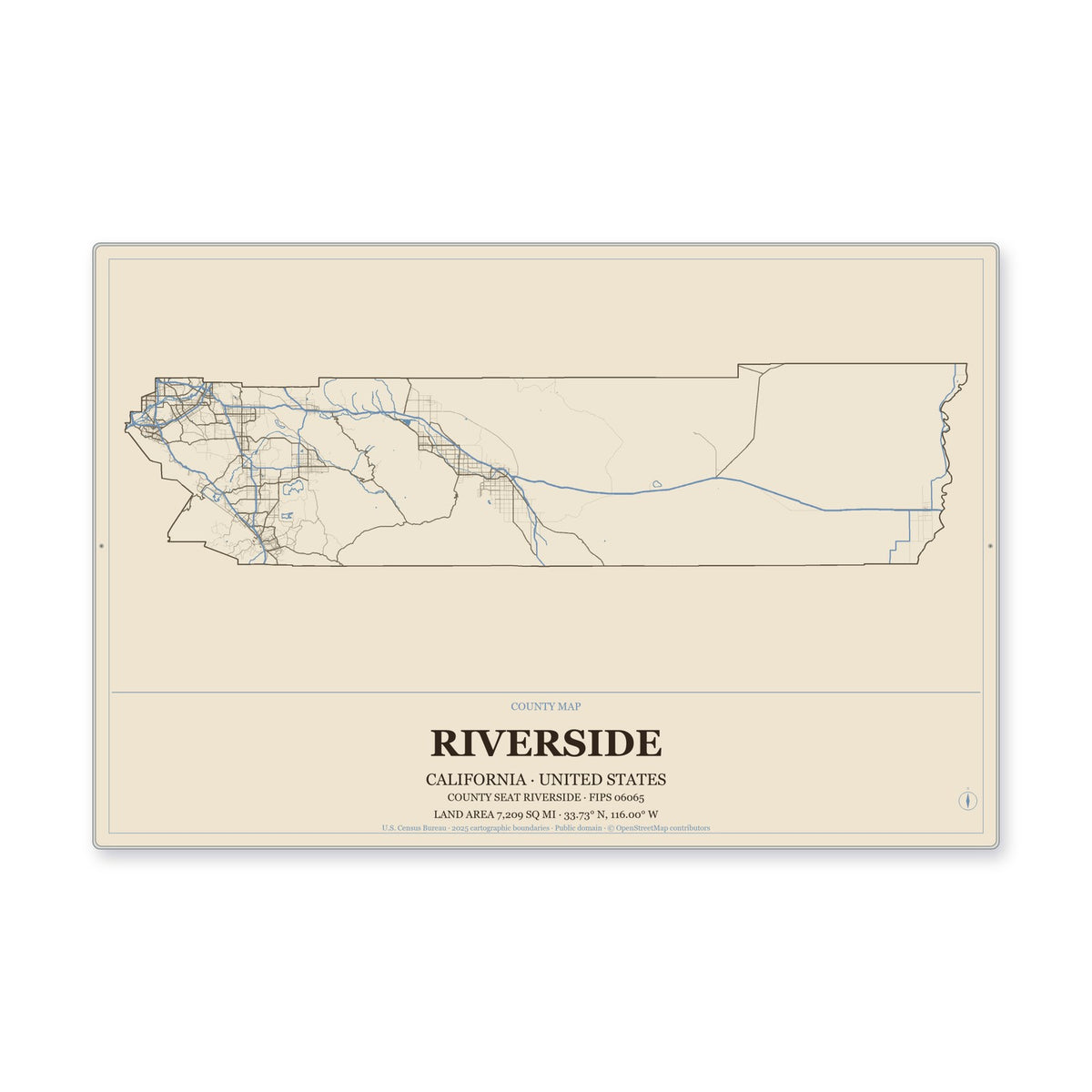Riverside County, California Map Aluminum Sign in Heritage Nautical style