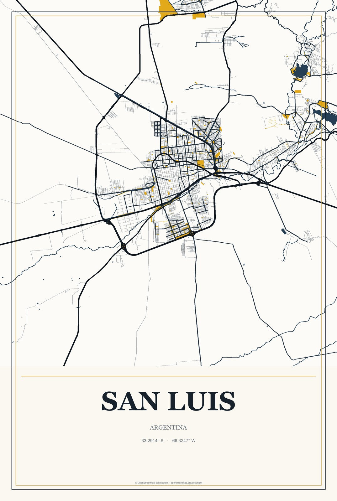 San Luis, Argentina City Map Aluminum Sign in Citrine Modern style