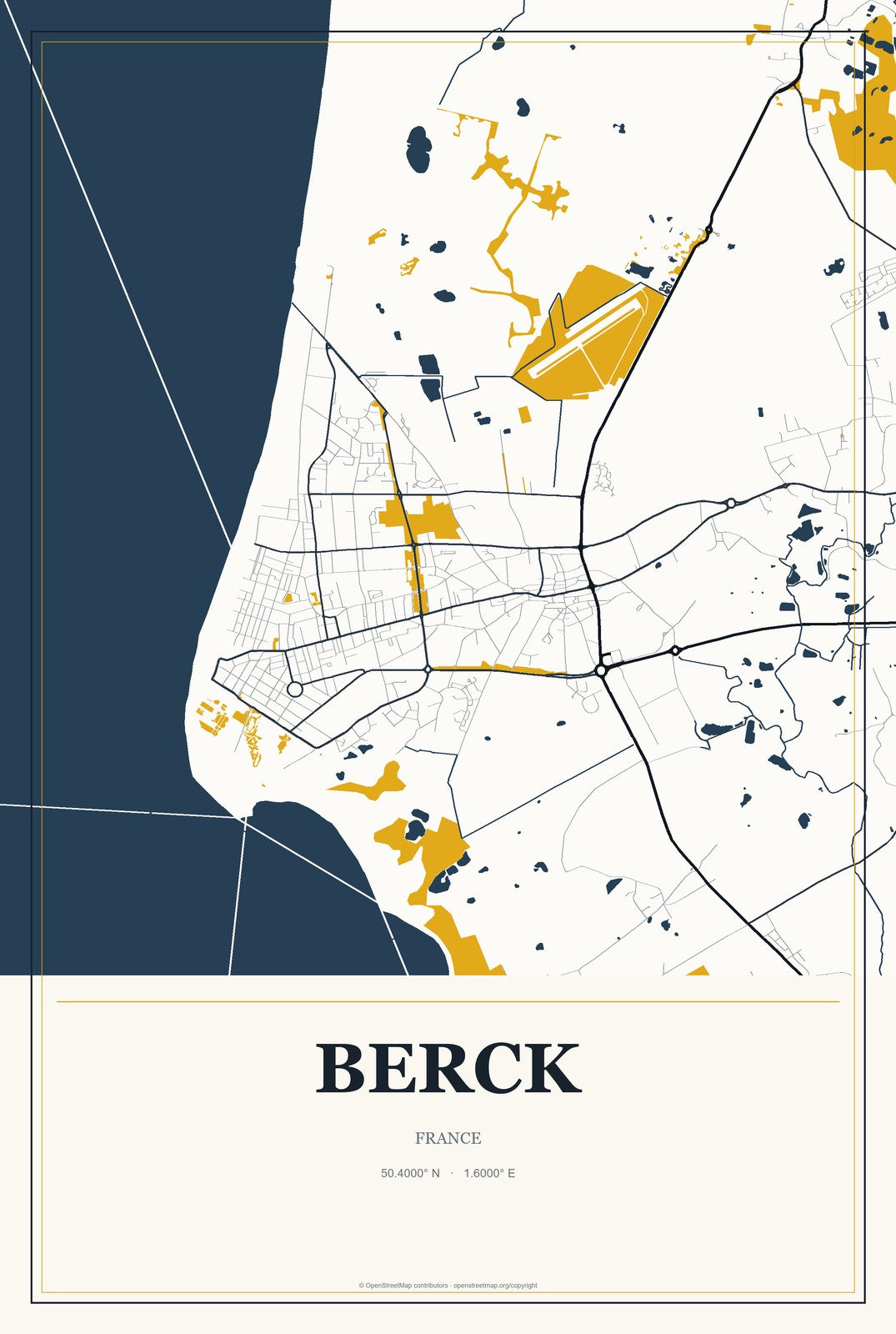 Berck, France City Map Aluminum Sign in Citrine Modern style