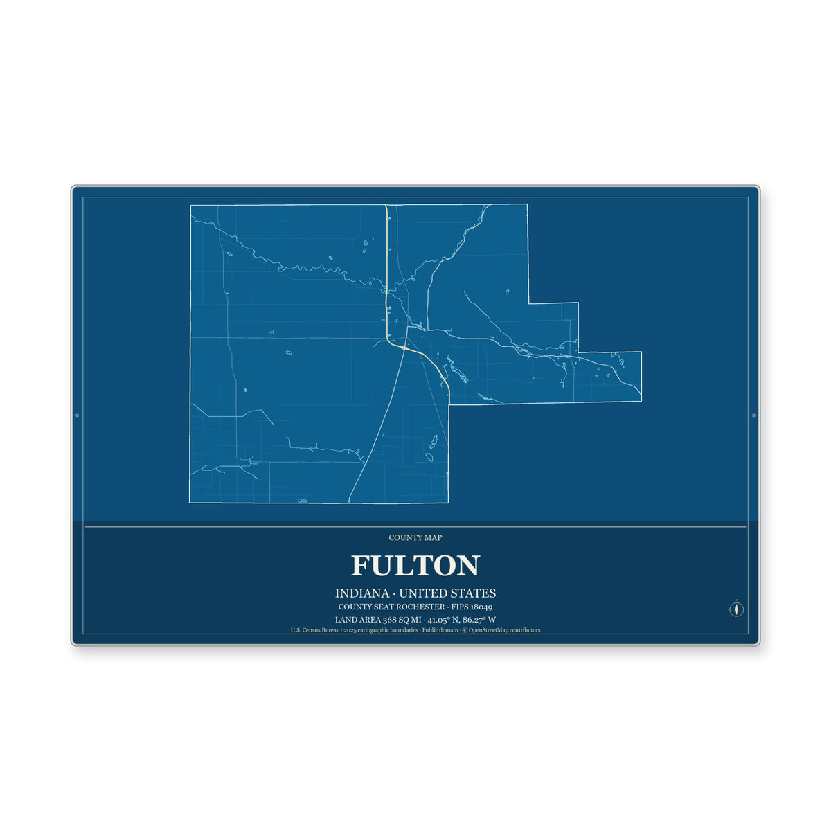 Fulton County, Indiana Map Aluminum Sign in Harbor Cobalt style