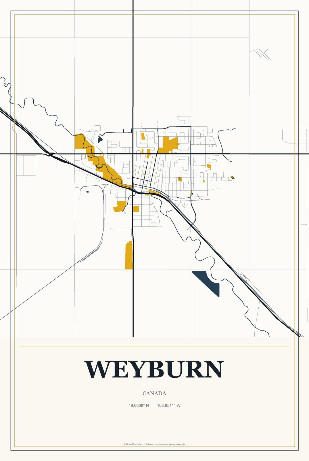 Weyburn, Canada City Map Aluminum Sign in Citrine Modern style