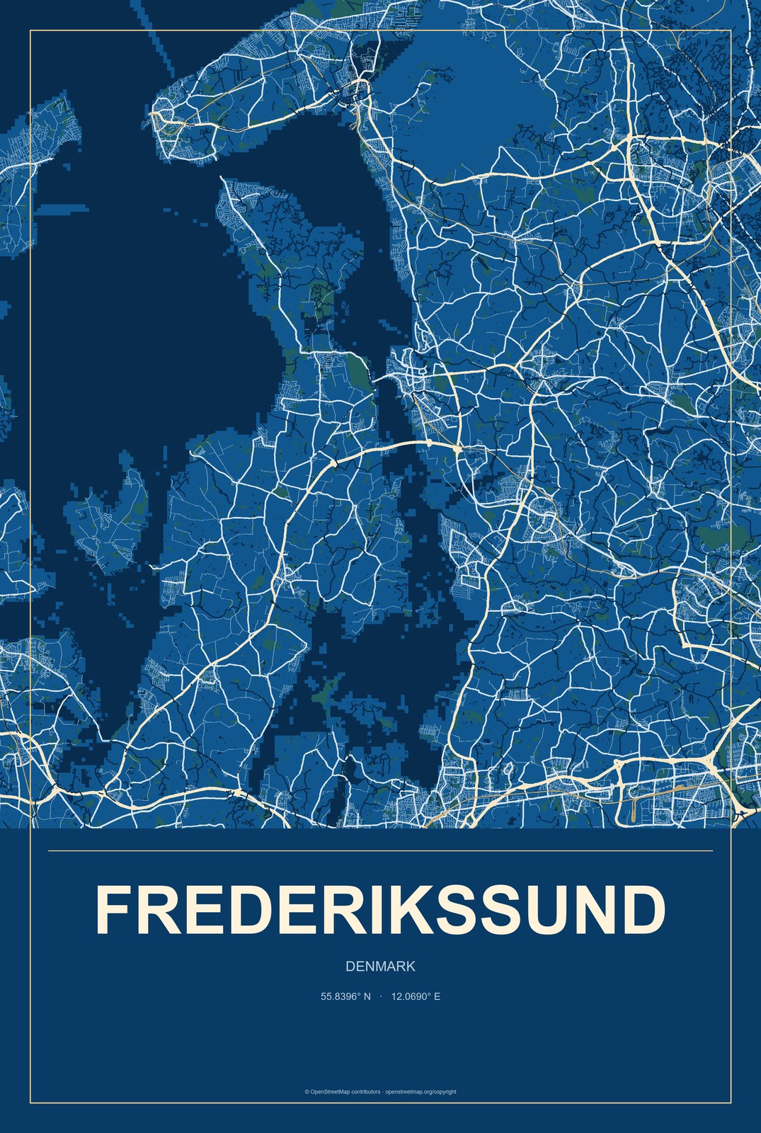 Frederikssund, Denmark City Map Aluminum Sign in Harbor Cobalt style