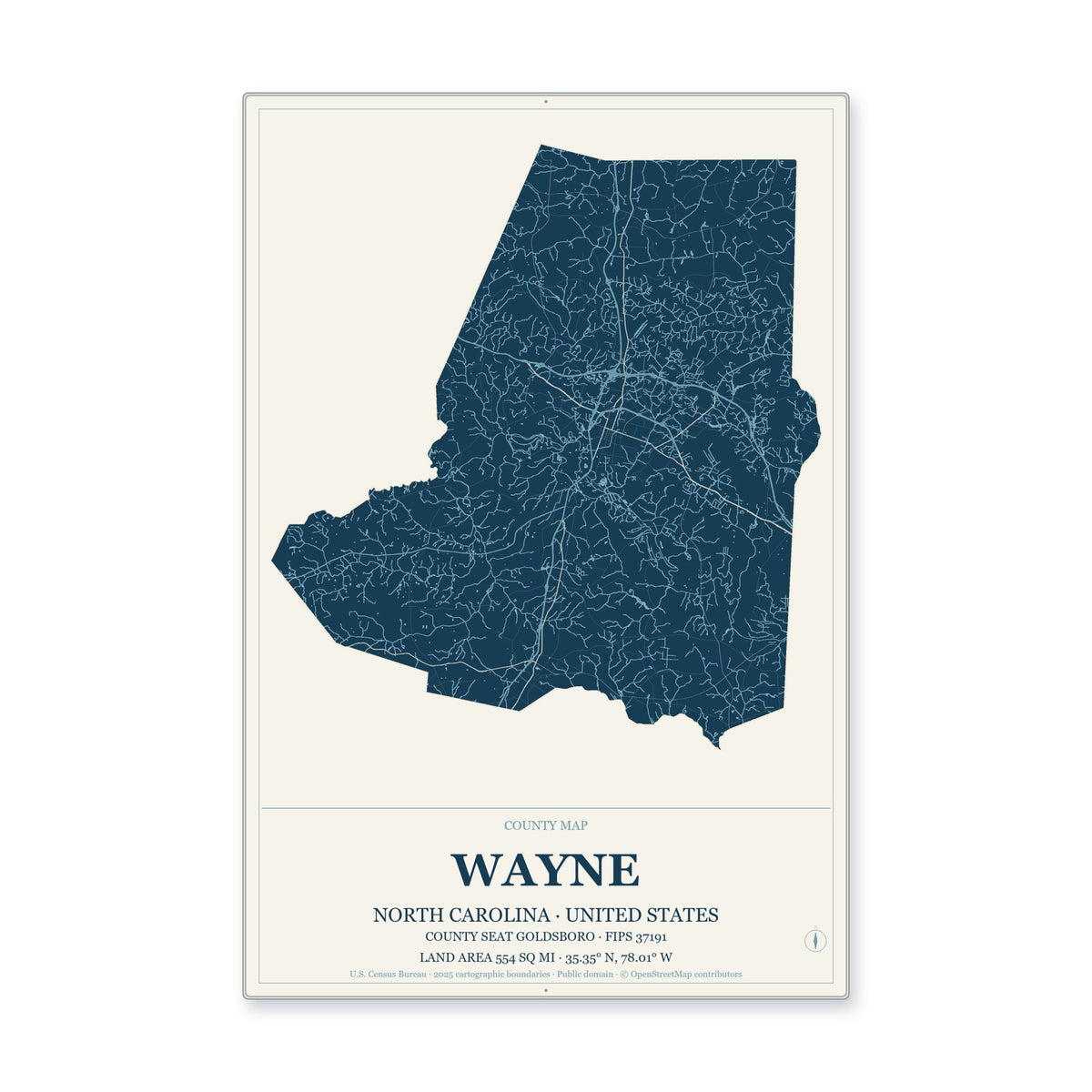 Wayne County, North Carolina Map Aluminum Sign in Coastal Cutout style
