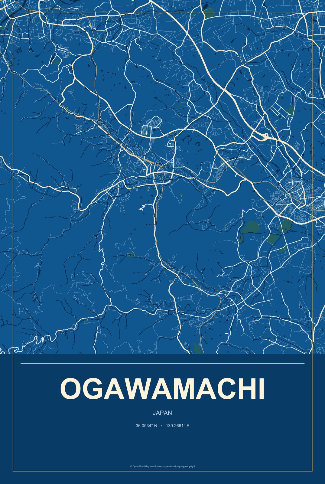 Ogawamachi, Japan City Map Aluminum Sign in Harbor Cobalt style