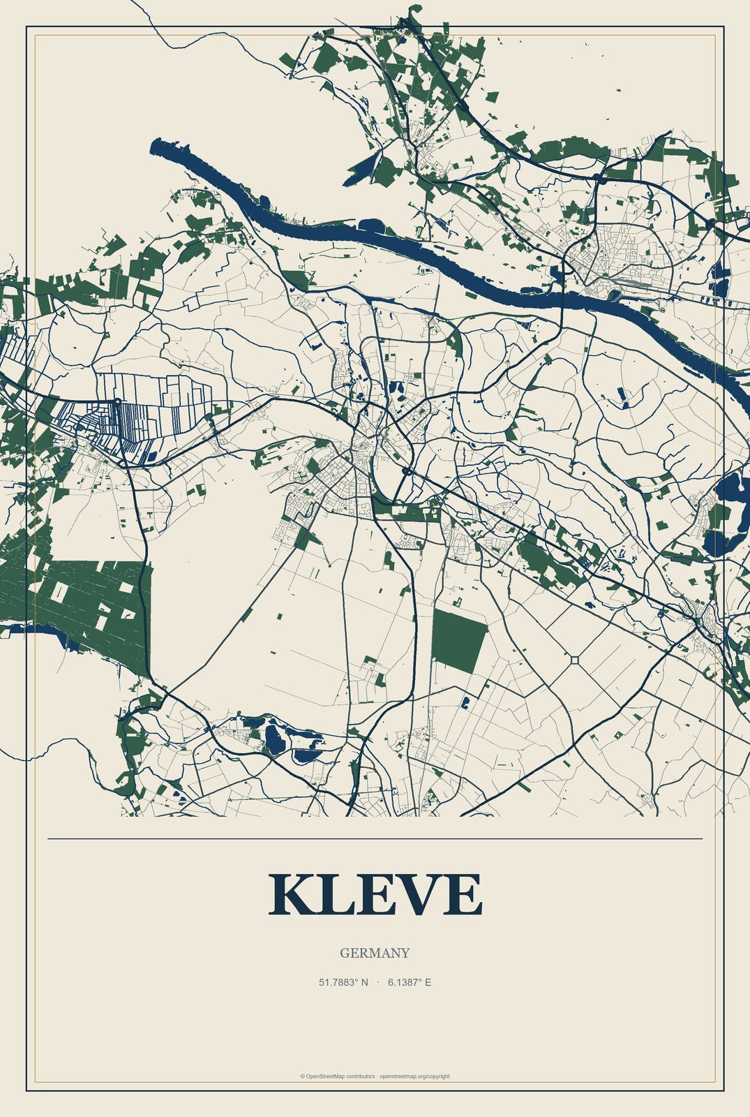 Kleve, Germany City Map Aluminum Sign in Coastal Cutout style