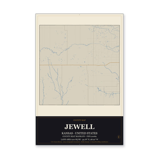 Jewell County, Kansas Map Aluminum Sign in Museum Plaque style