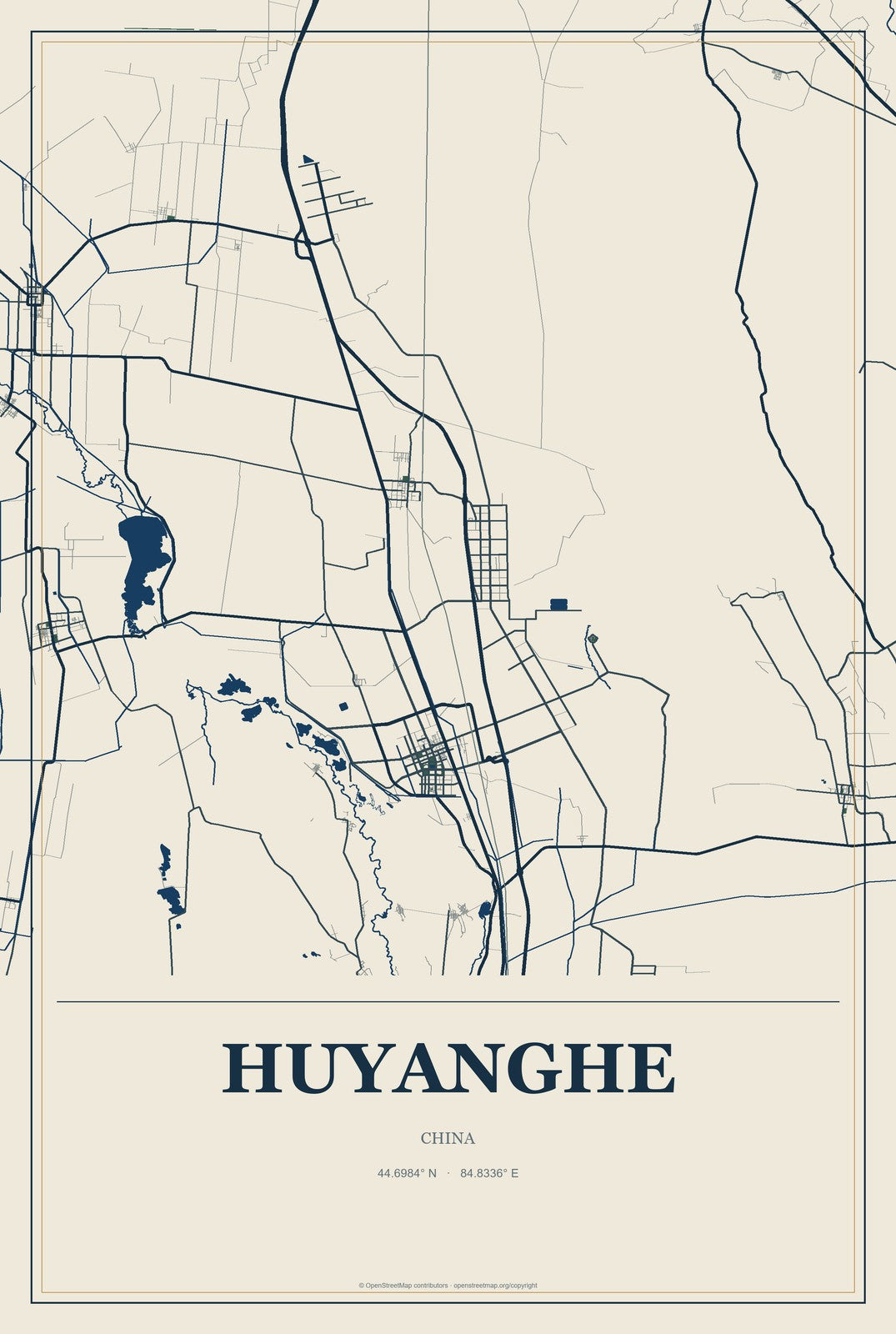 Huyanghe, China City Map Aluminum Sign in Coastal Cutout style