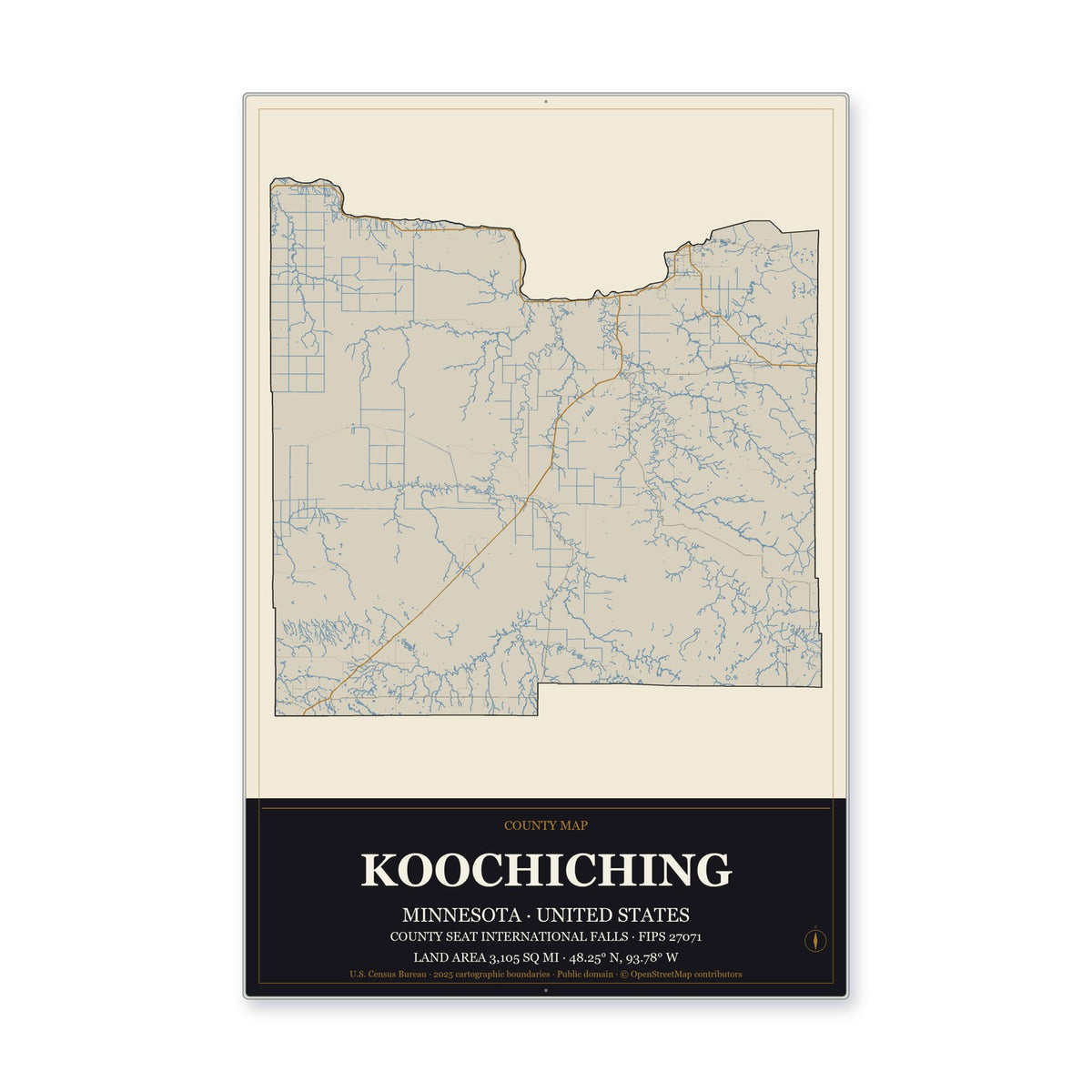 Koochiching County, Minnesota Map Aluminum Sign in Museum Plaque style