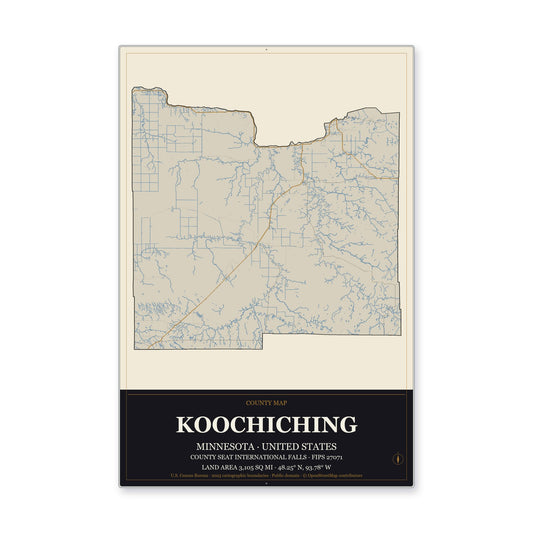 Koochiching County, Minnesota Map Aluminum Sign in Museum Plaque style
