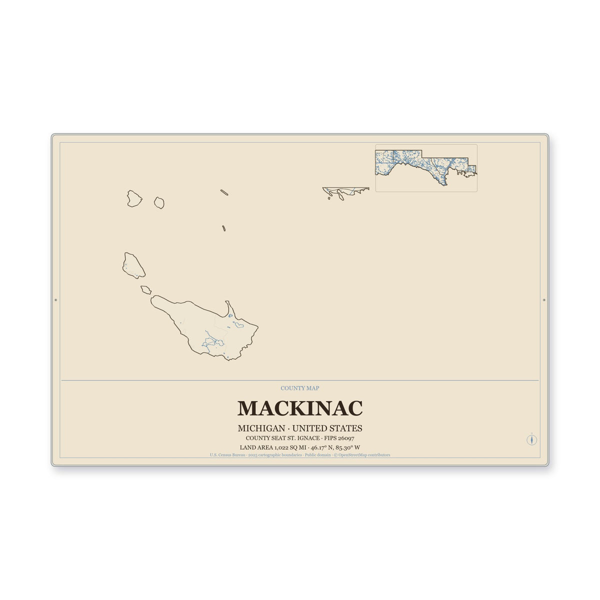 Mackinac County, Michigan Map Aluminum Sign in Heritage Nautical style