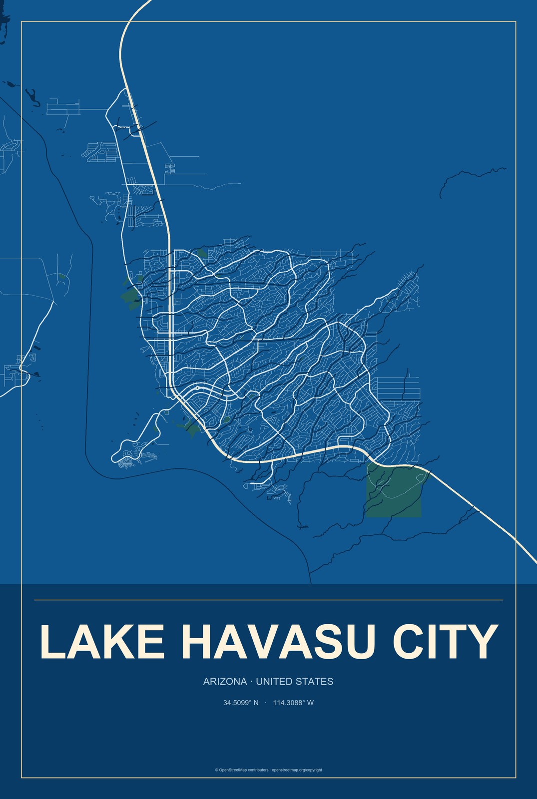 Lake Havasu City, Arizona City Map Aluminum Sign in Harbor Cobalt style