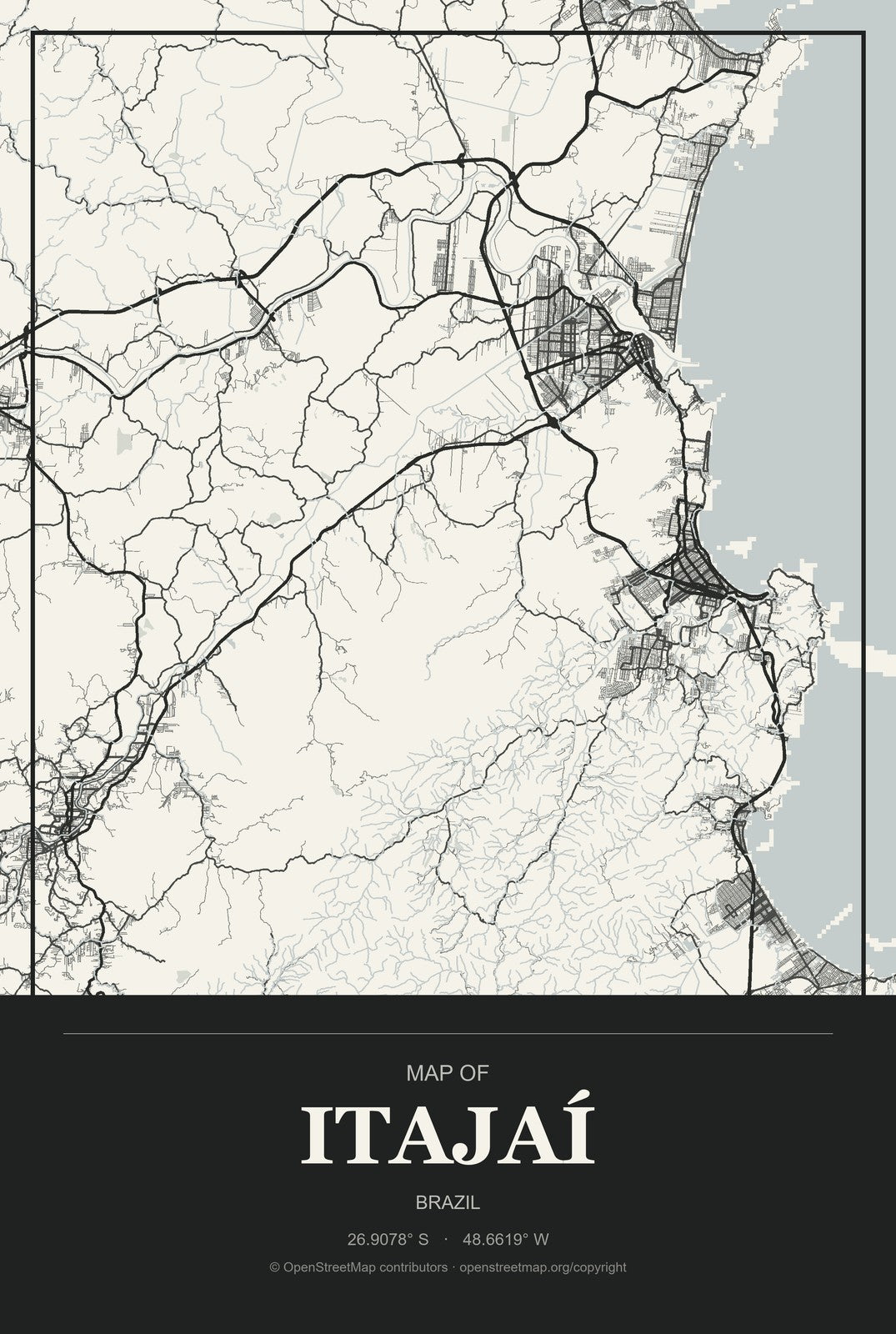 Itajaí, Brazil City Map Aluminum Sign in Museum Plaque style