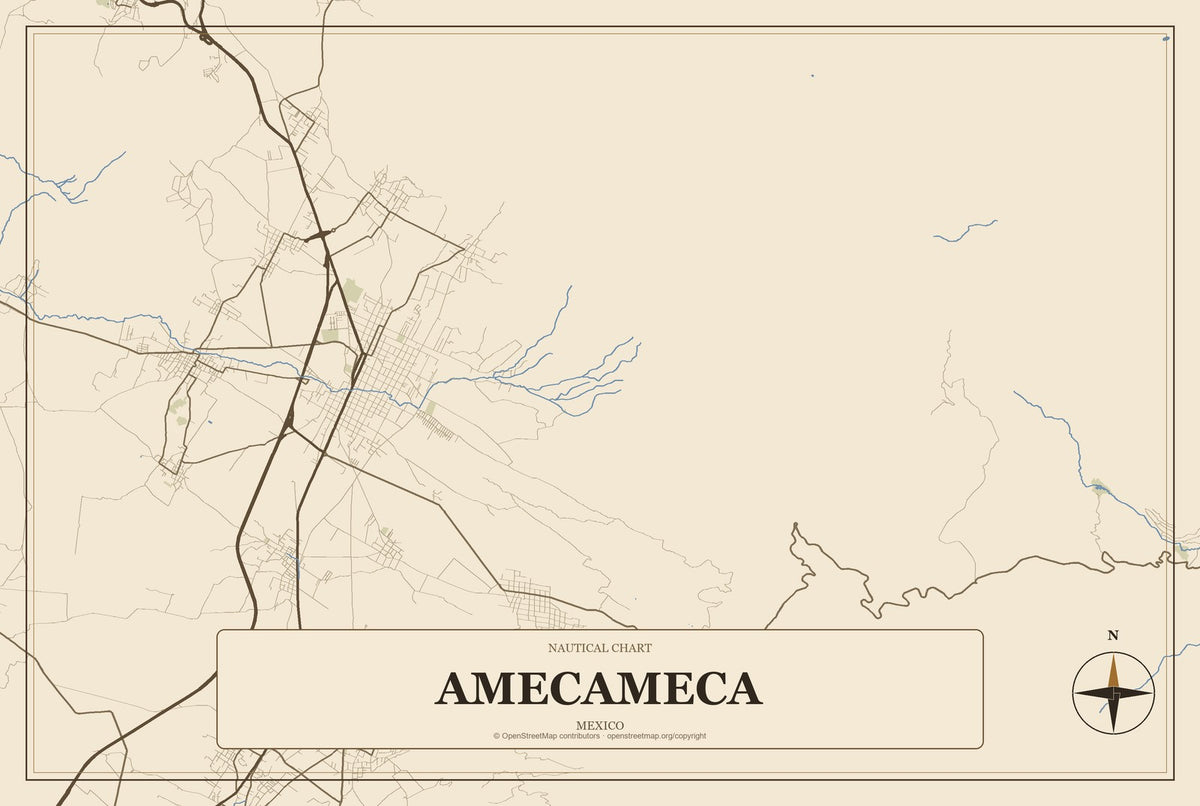 Amecameca, Mexico City Map Aluminum Sign in Heritage Nautical style