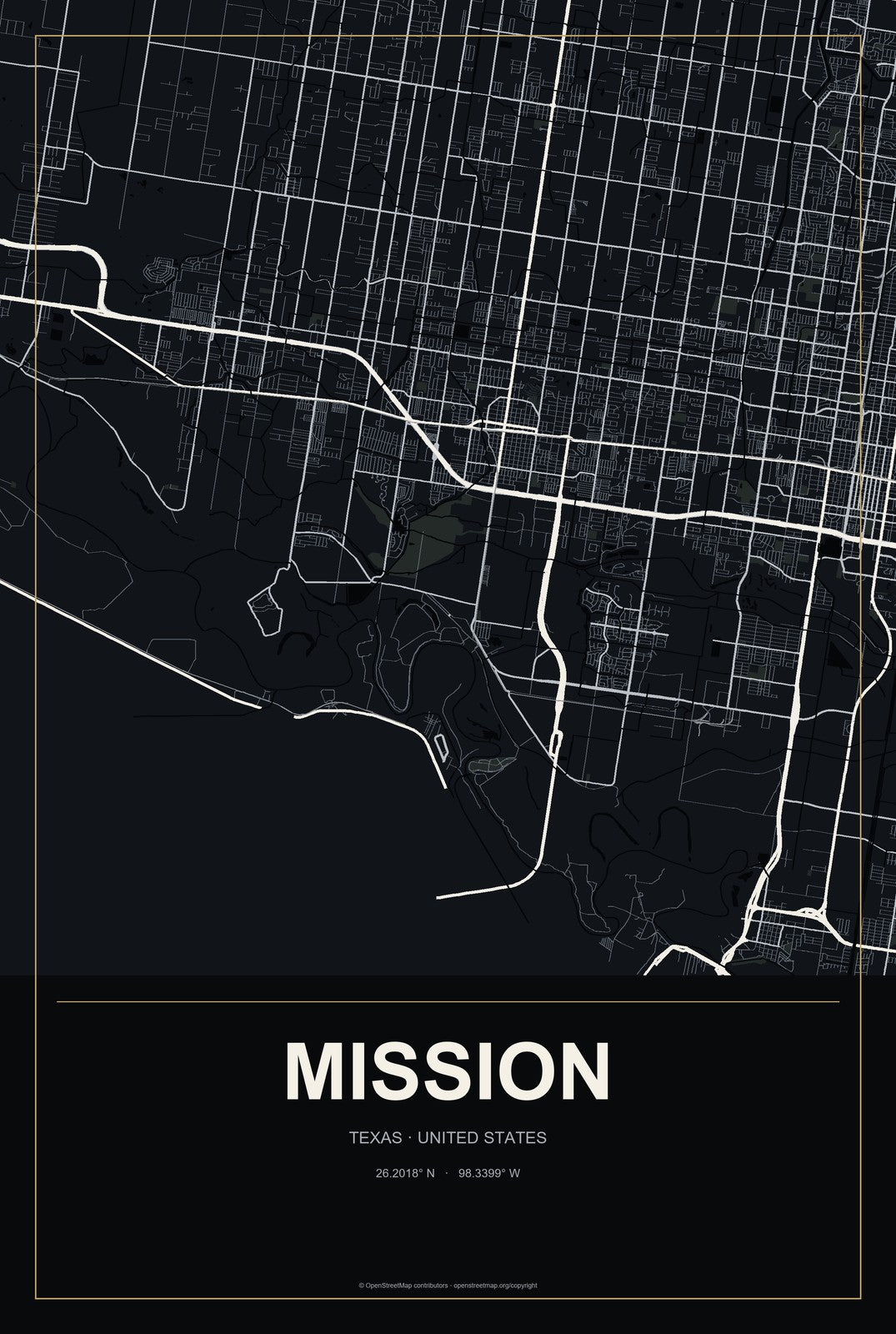 Mission, Texas City Map Aluminum Sign in Metropolitan Noir style