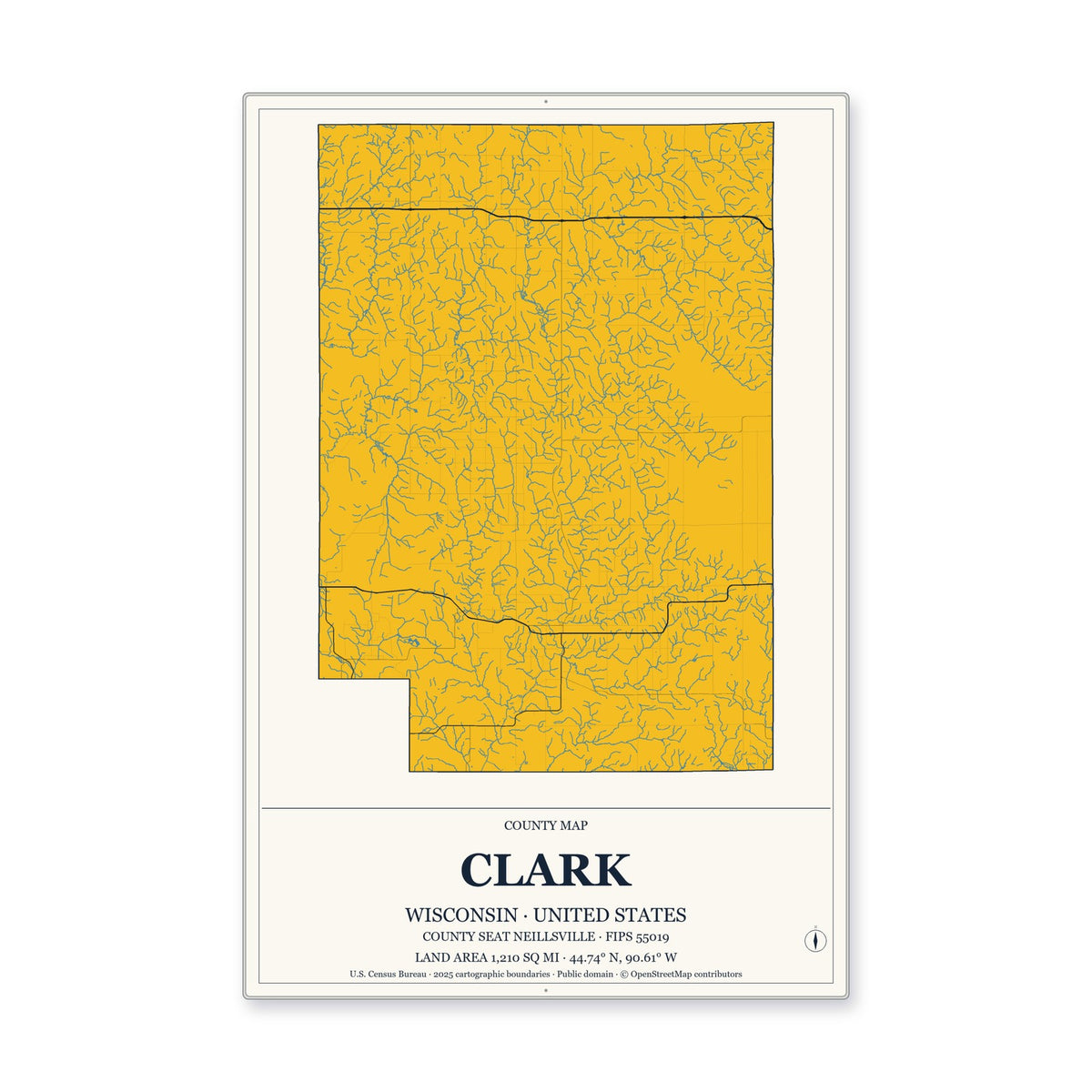 Clark County, Wisconsin Map Aluminum Sign in Citrine Modern style