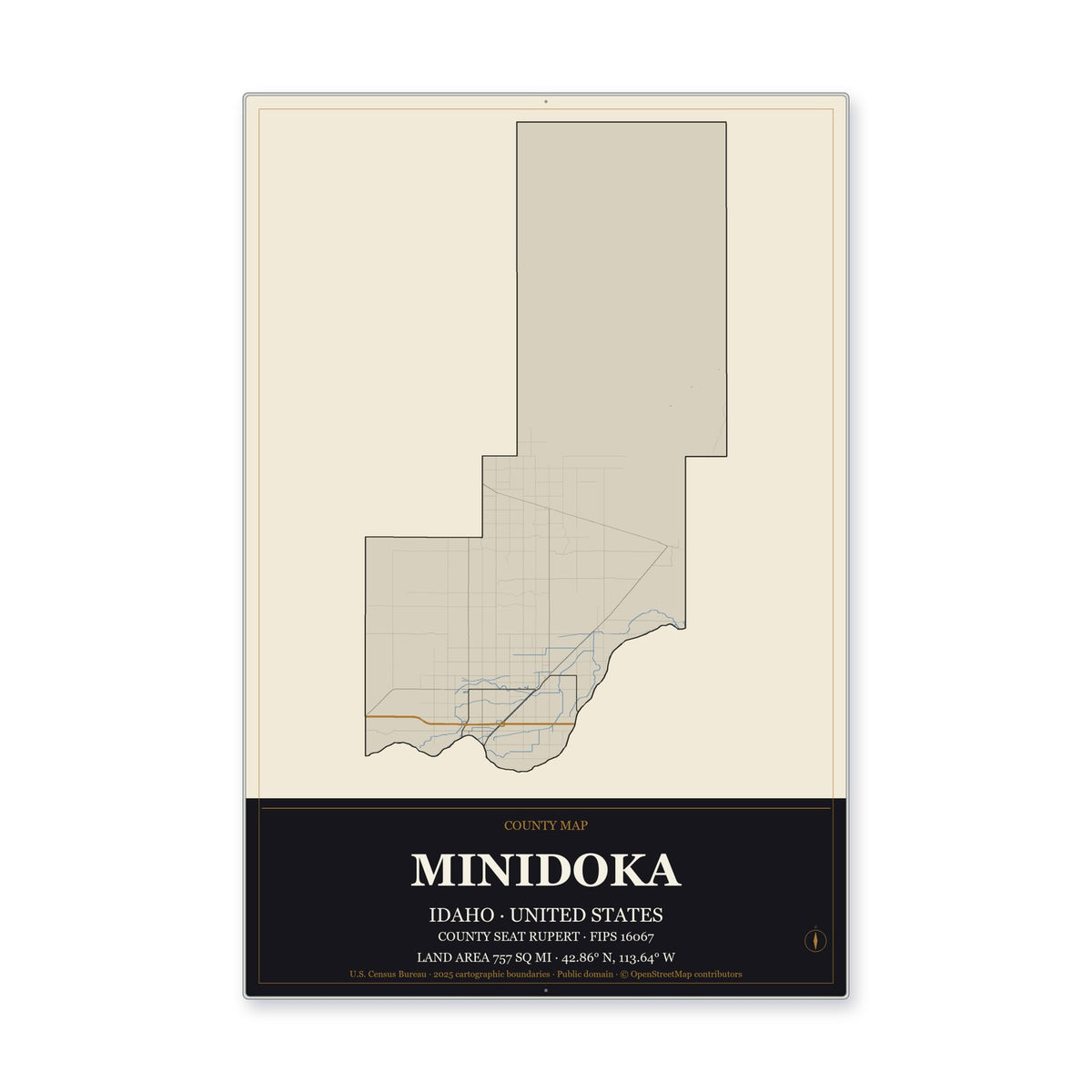 Minidoka County, Idaho Map Aluminum Sign in Museum Plaque style