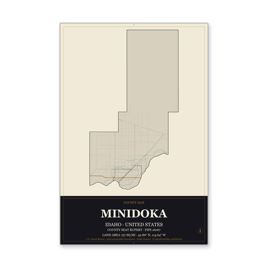 Minidoka County, Idaho Map Aluminum Sign in Museum Plaque style