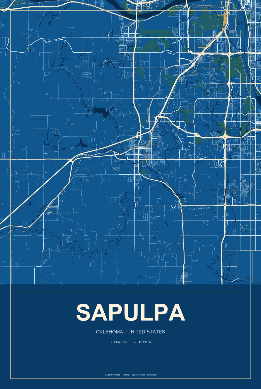 Sapulpa, Oklahoma City Map Aluminum Sign in Harbor Cobalt style