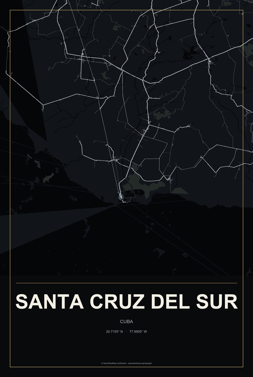Santa Cruz del Sur, Cuba City Map Aluminum Sign in Metropolitan Noir style