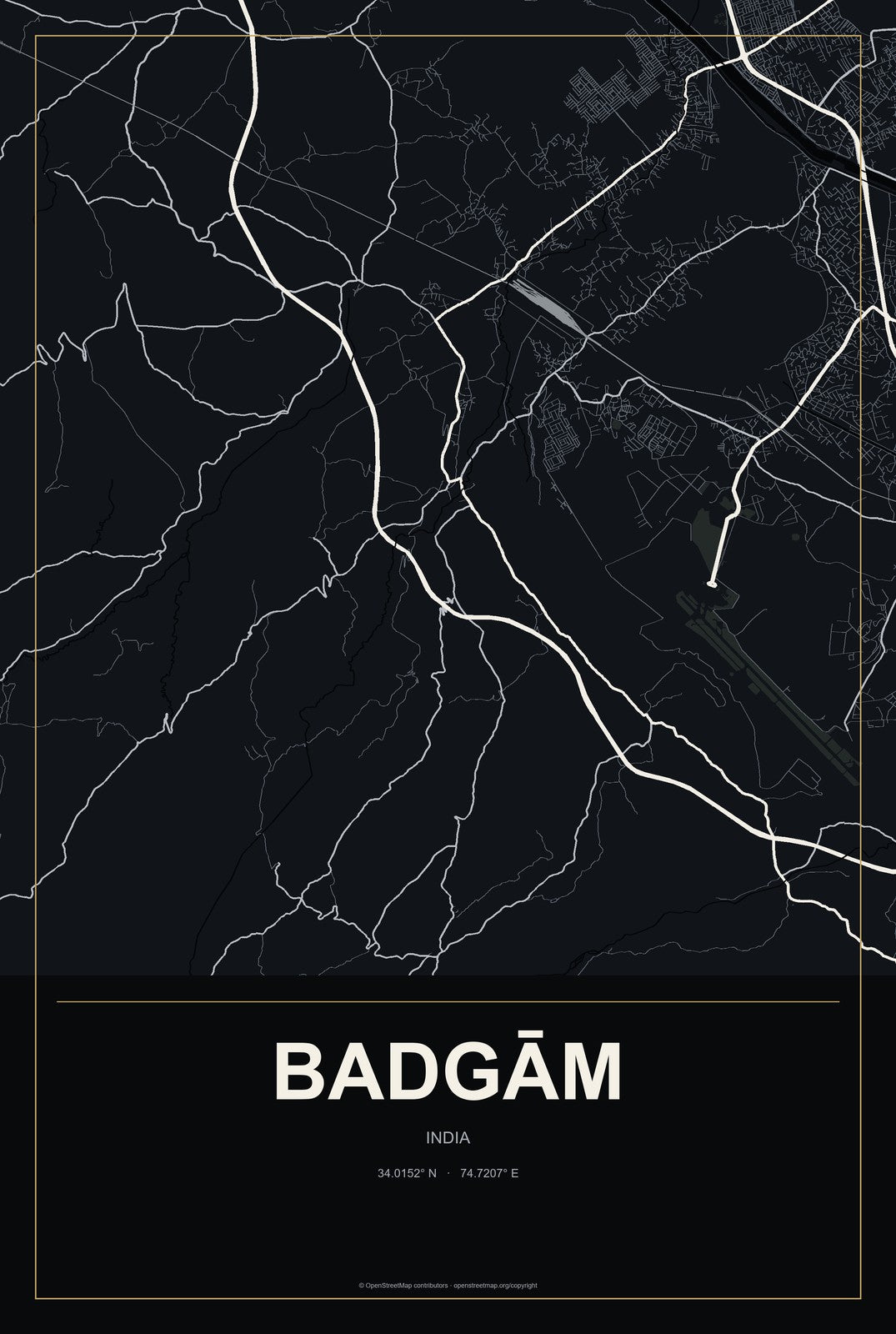 Badgām, India City Map Aluminum Sign in Metropolitan Noir style