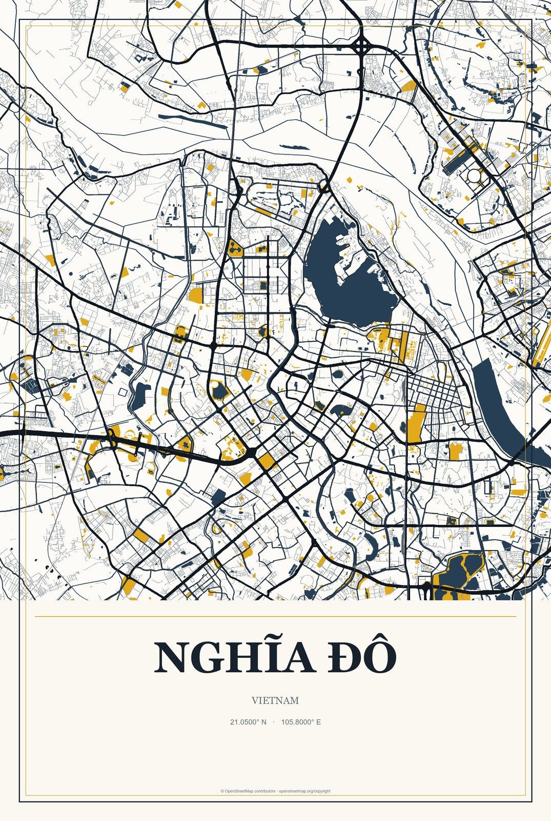 Nghĩa Đô, Vietnam City Map Aluminum Sign in Citrine Modern style