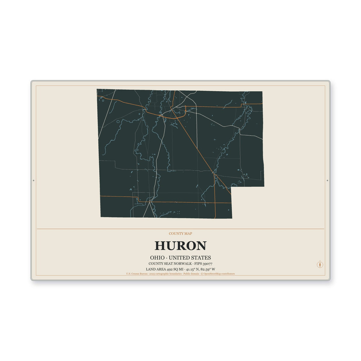 Huron County, Ohio Map Aluminum Sign in Headline Atlas style