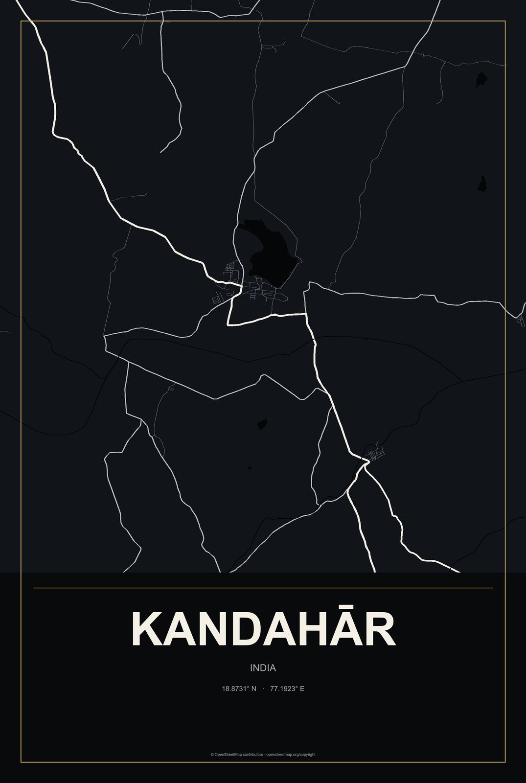 Kandahār, India City Map Aluminum Sign in Metropolitan Noir style