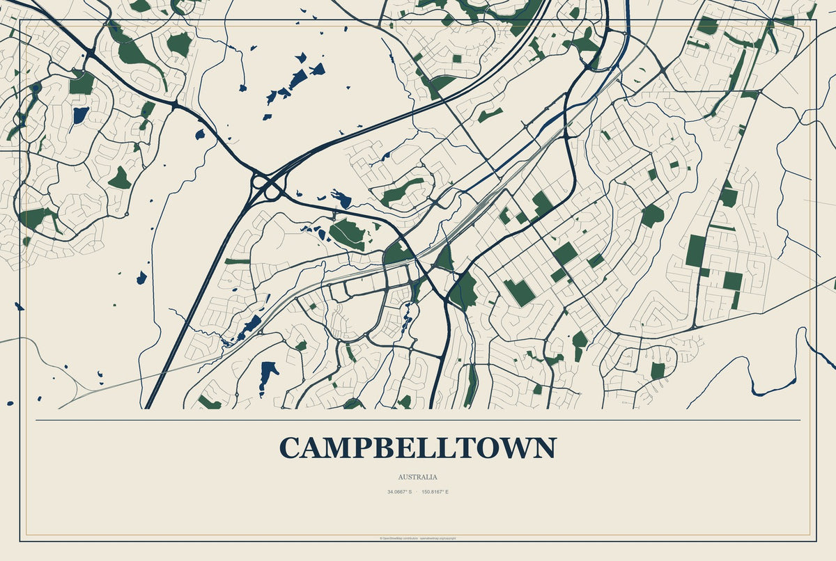Campbelltown, Australia City Map Aluminum Sign in Coastal Cutout style