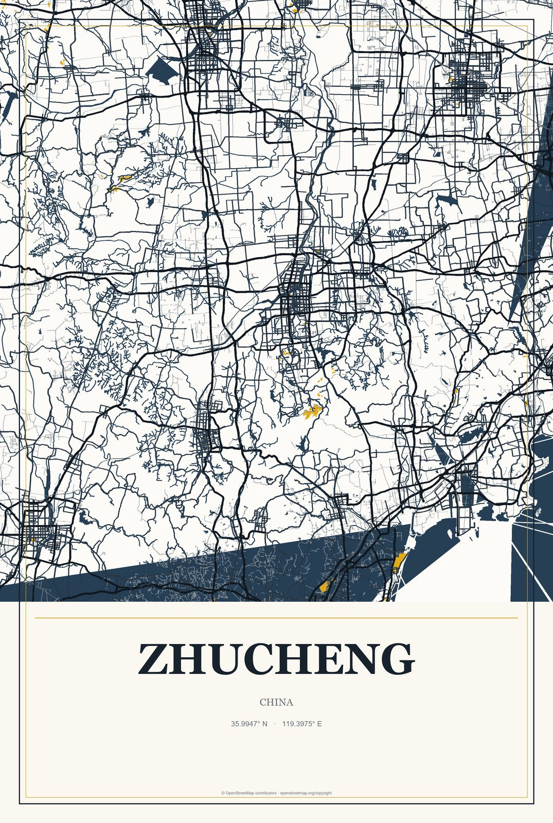 Zhucheng, China City Map Aluminum Sign in Citrine Modern style