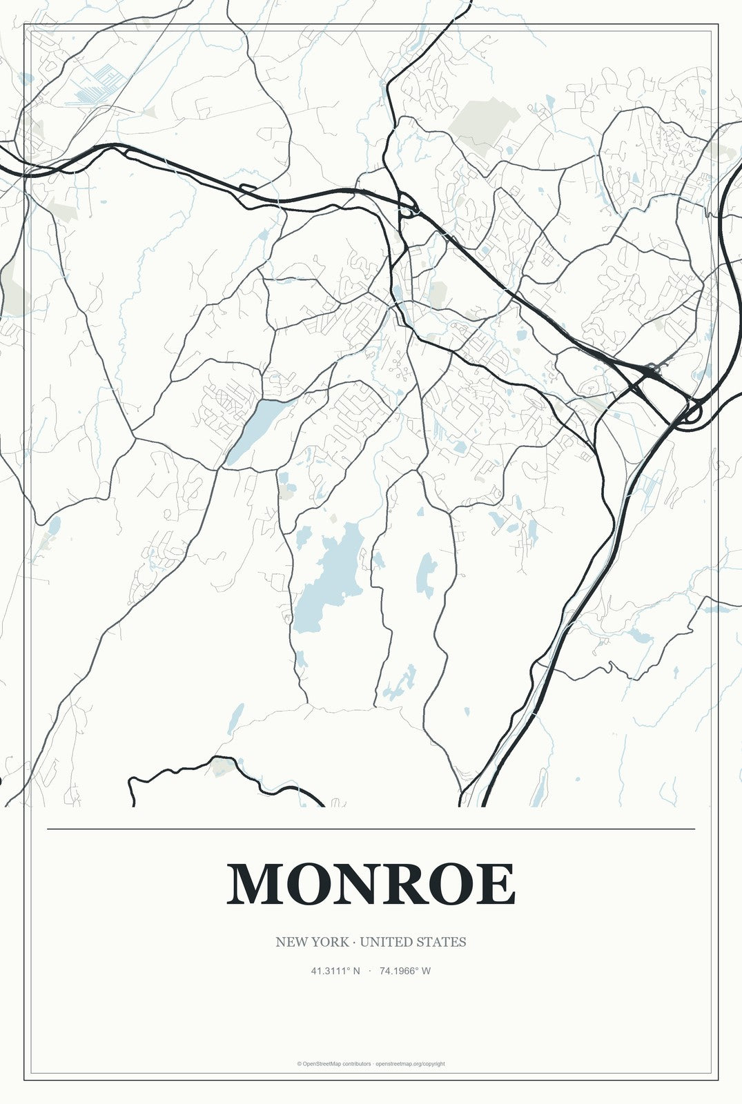Monroe, New York City Map Aluminum Sign in Gallery Air style