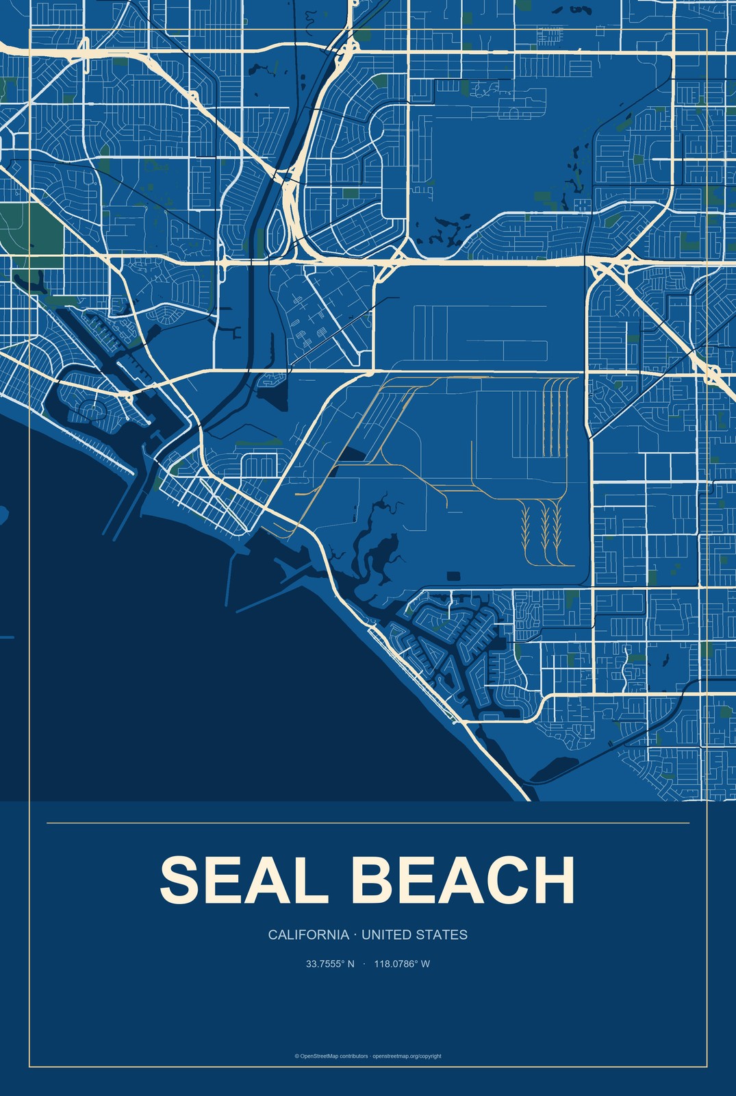 Seal Beach, California City Map Aluminum Sign in Harbor Cobalt style