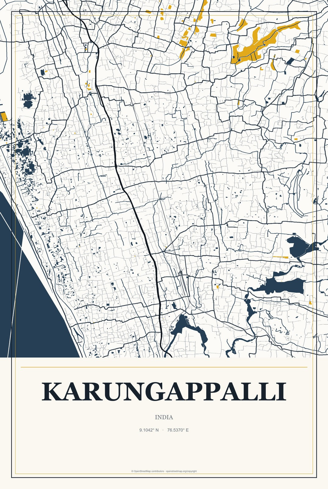 Karungappalli, India City Map Aluminum Sign in Citrine Modern style