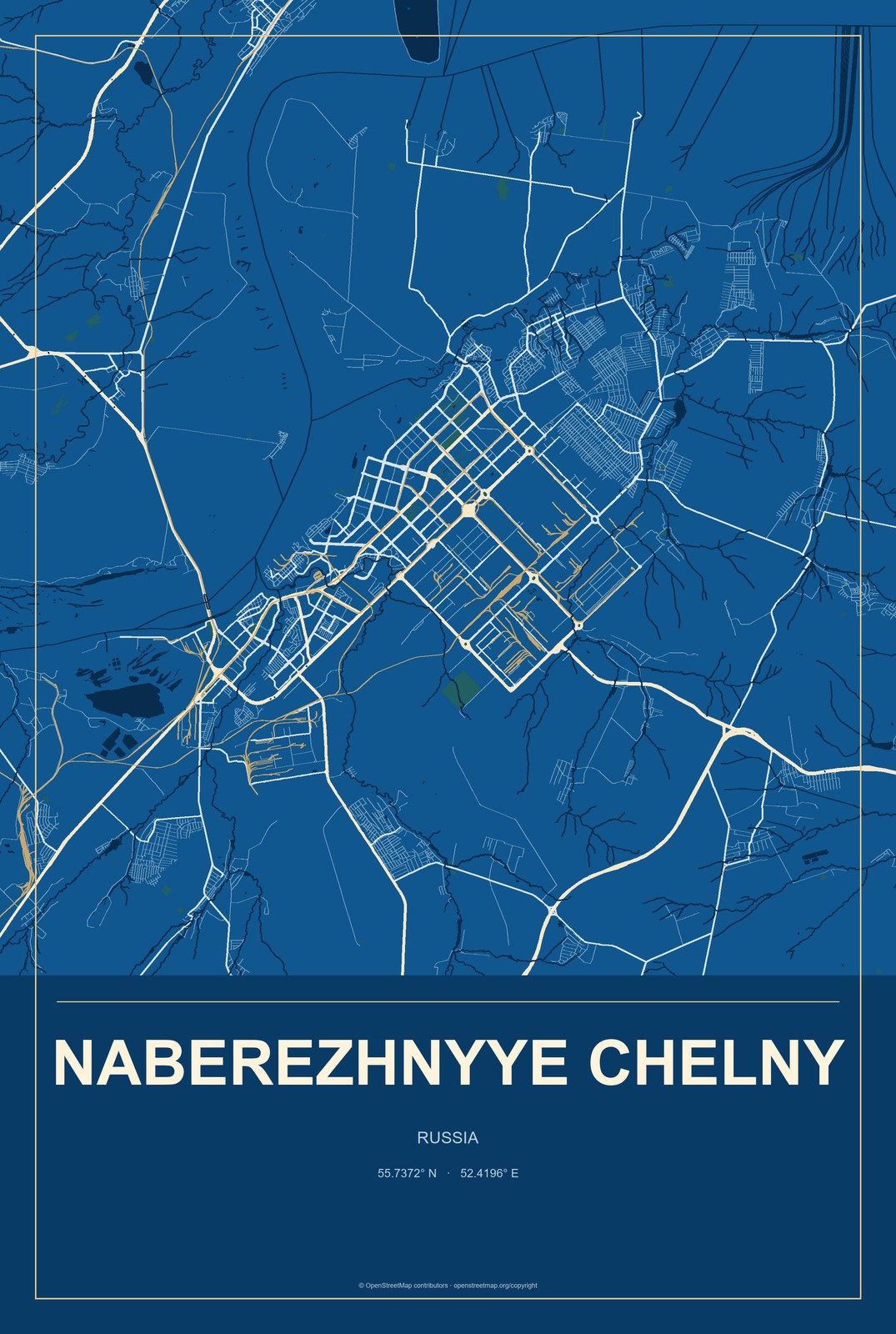 Naberezhnyye Chelny, Russia City Map Aluminum Sign in Harbor Cobalt style