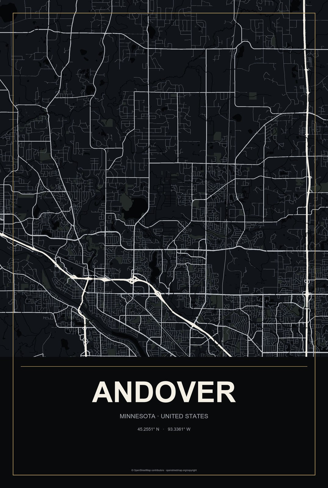Andover, Minnesota City Map Aluminum Sign in Metropolitan Noir style