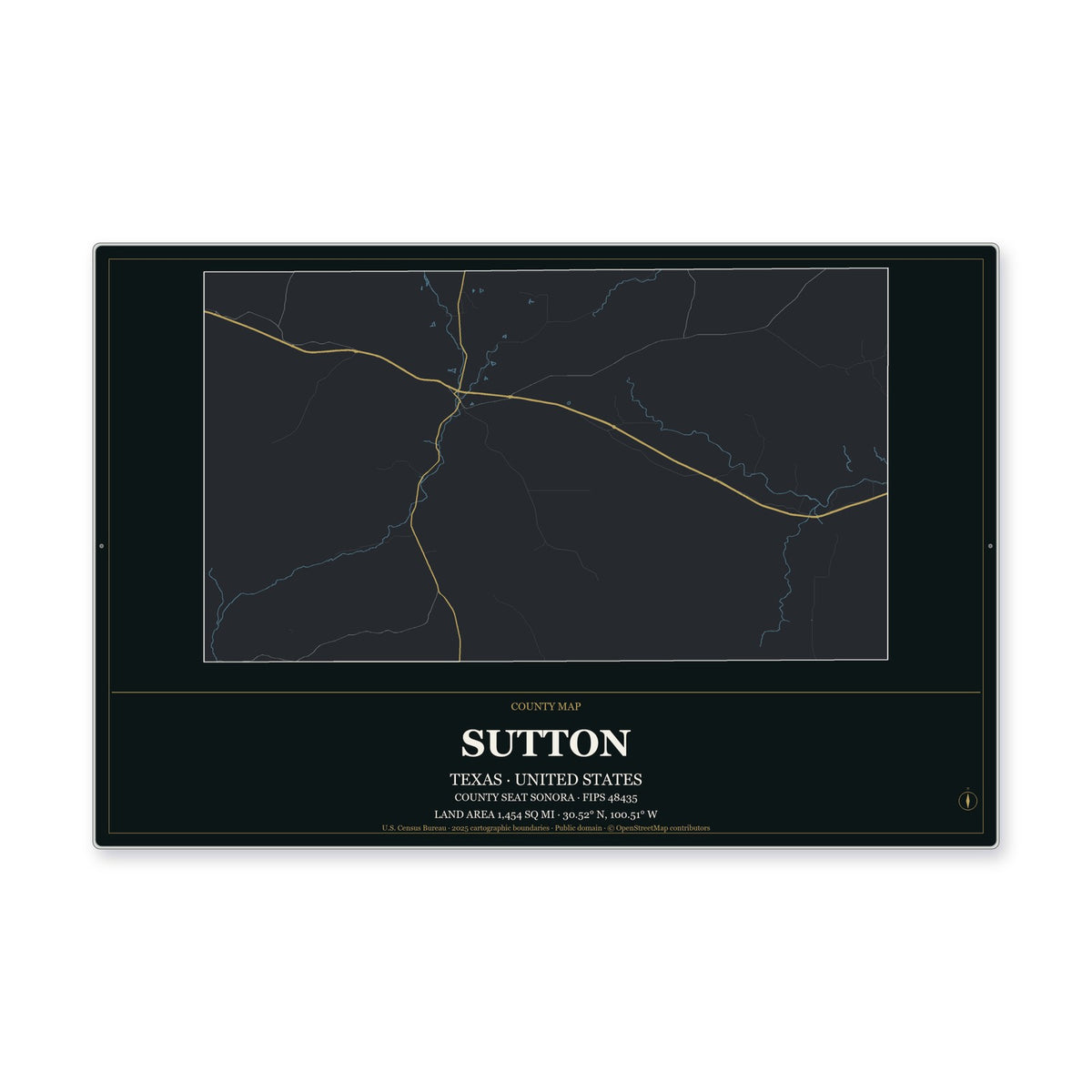 Sutton County, Texas Map Aluminum Sign in Metropolitan Noir style