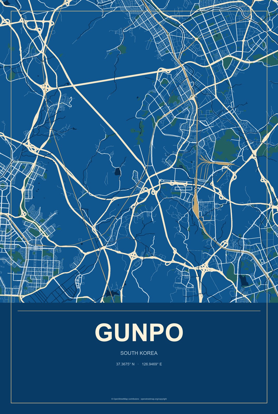 Gunpo, South Korea City Map Aluminum Sign in Harbor Cobalt style