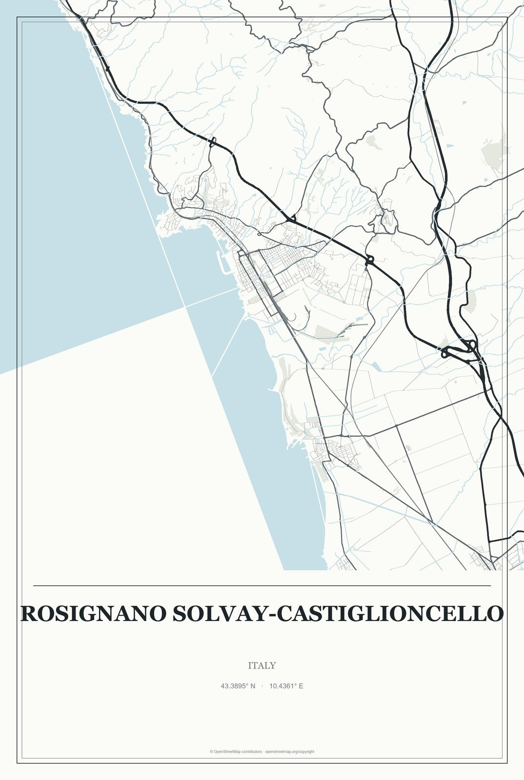 Rosignano Solvay-Castiglioncello, Italy City Map Aluminum Sign in Gallery Air style