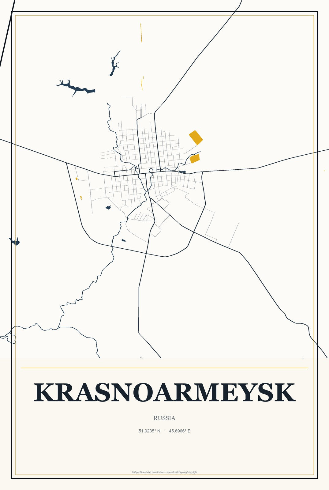 Krasnoarmeysk, Saratov Oblast, Russia City Map Aluminum Sign in Citrine Modern style