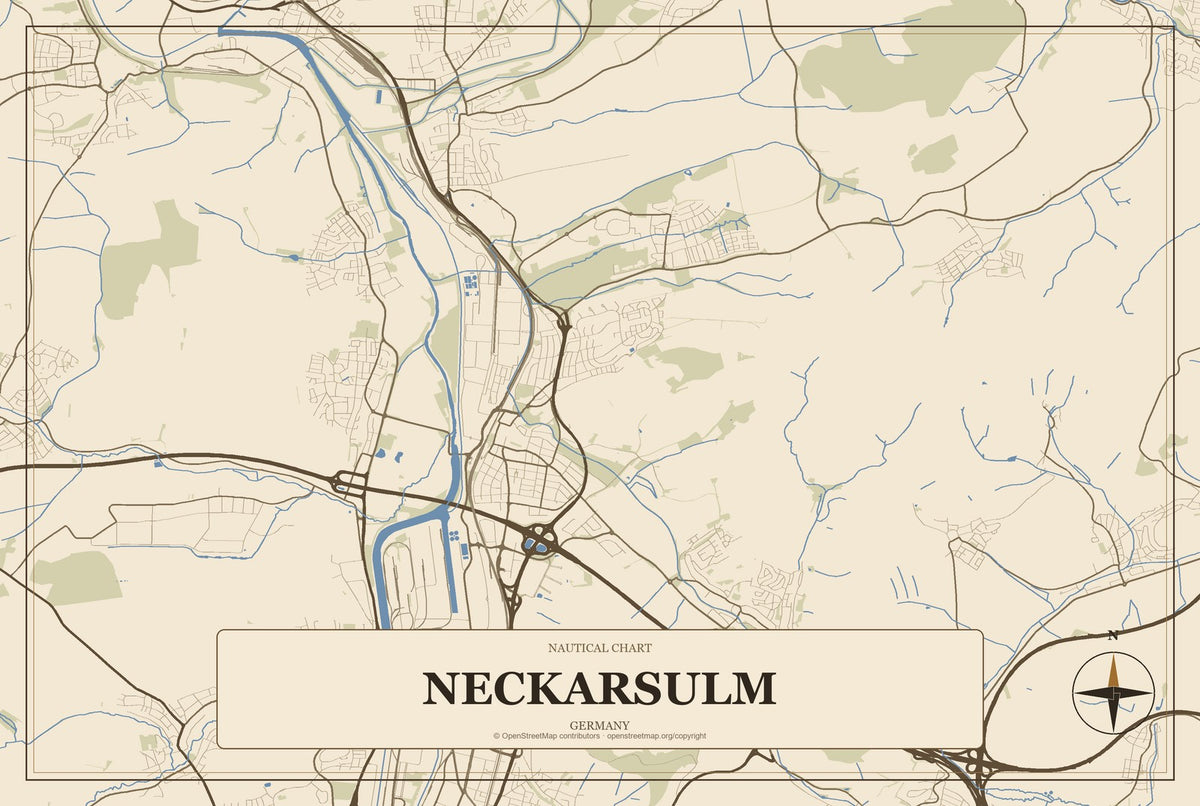 Neckarsulm, Germany City Map Aluminum Sign in Heritage Nautical style