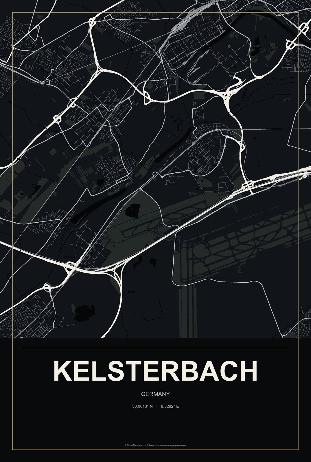 Kelsterbach, Germany City Map Aluminum Sign in Metropolitan Noir style
