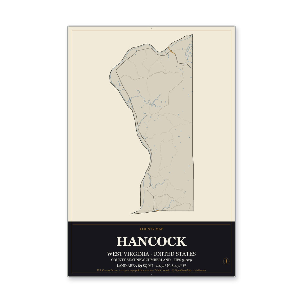 Hancock County, West Virginia Map Aluminum Sign in Museum Plaque style