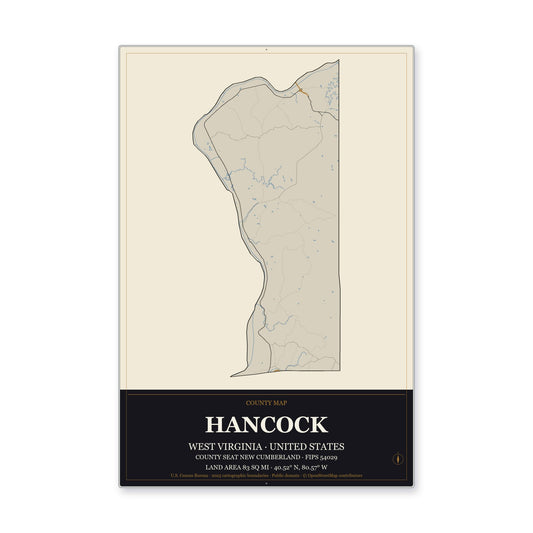 Hancock County, West Virginia Map Aluminum Sign in Museum Plaque style