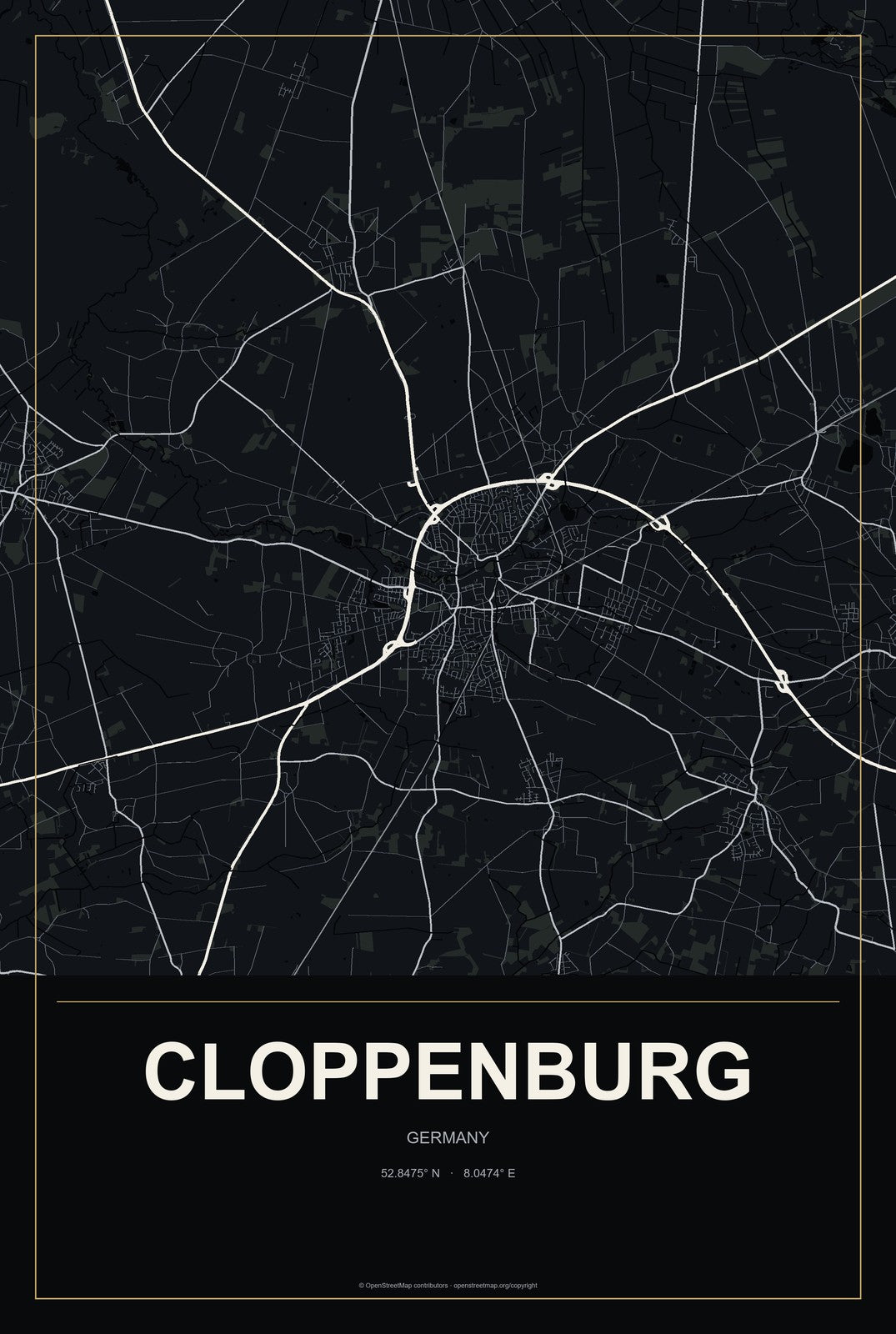 Cloppenburg, Germany City Map Aluminum Sign in Metropolitan Noir style