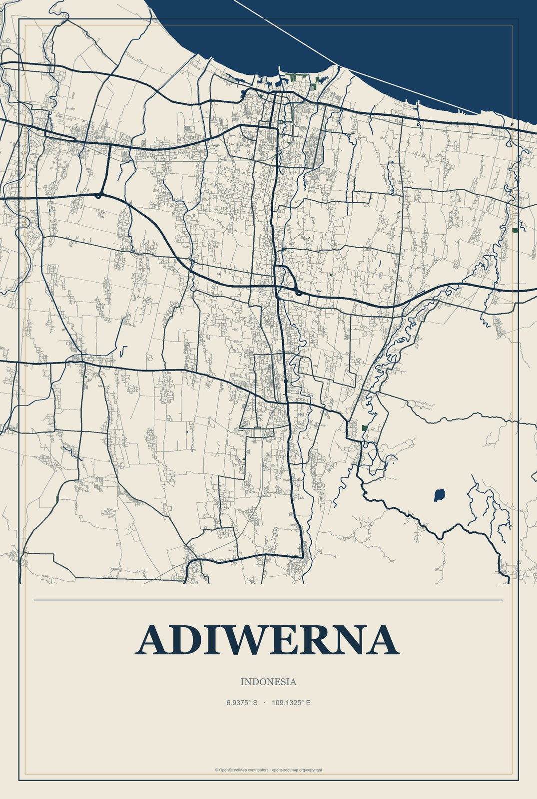 Adiwerna, Indonesia City Map Aluminum Sign in Coastal Cutout style