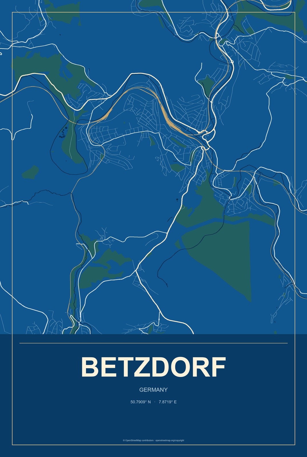 Betzdorf, Germany City Map Aluminum Sign in Harbor Cobalt style