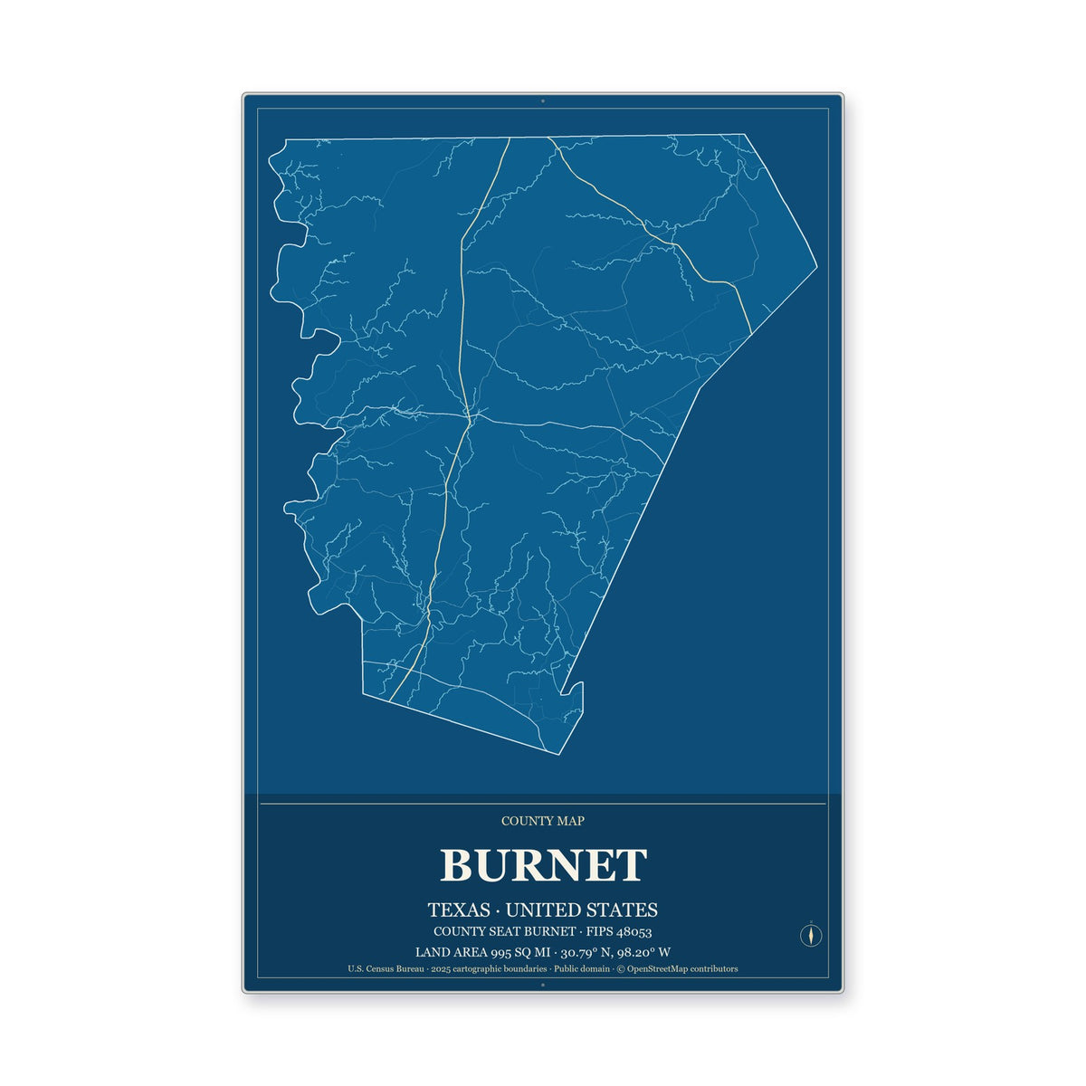 Burnet County, Texas Map Aluminum Sign in Harbor Cobalt style