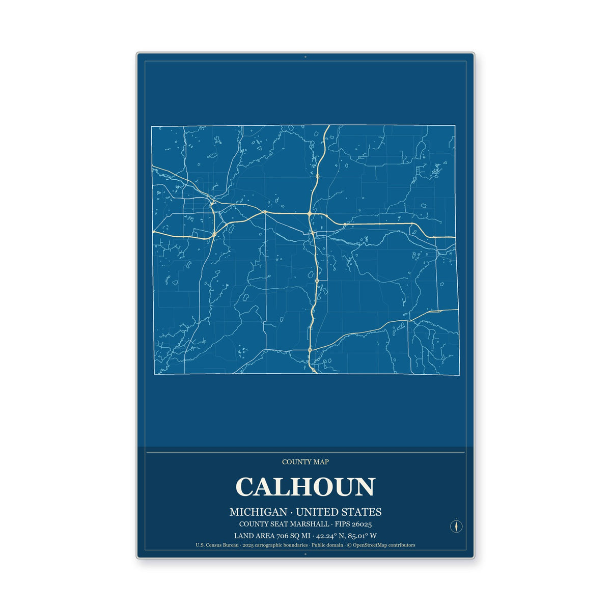 Calhoun County, Michigan Map Aluminum Sign in Harbor Cobalt style