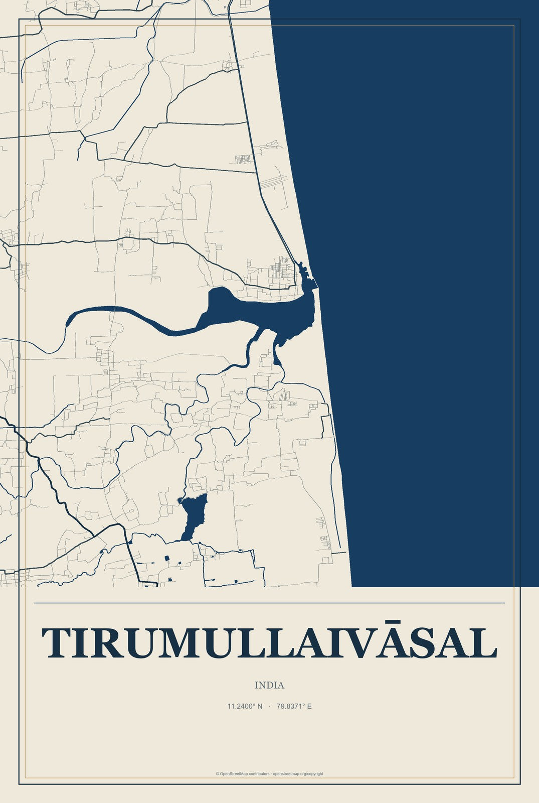 Tirumullaivāsal, India City Map Aluminum Sign in Coastal Cutout style
