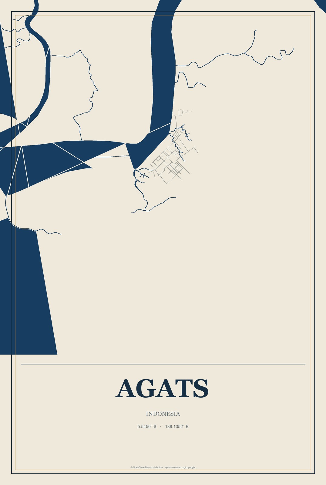 Agats, Indonesia City Map Aluminum Sign in Coastal Cutout style